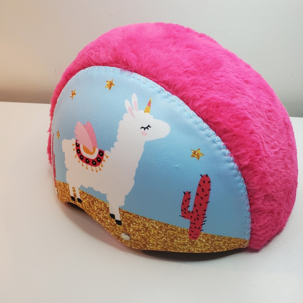 LittleMissMatched Kids Llama Pink Faux Fur Mohawk Bike Helmet Blue Multi-Sport